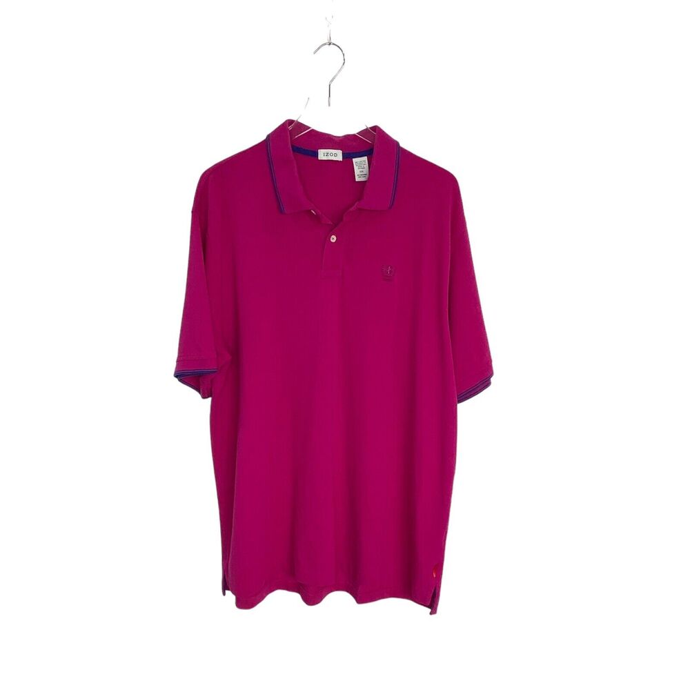 IZOD Top Men’s Size XXL Polo Shirt Pink Blue Trim Short Sleeved Cotton Pull-Over